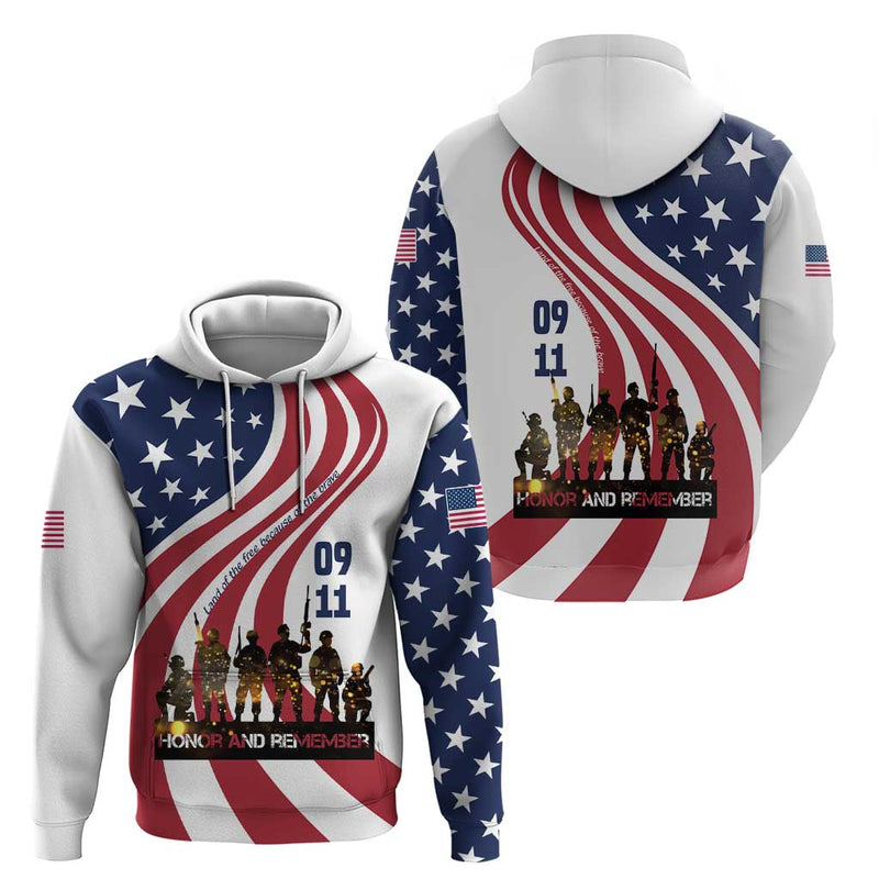 911 Memorial Hoodie Patriot Day American Flag and Soldier Silhouette Honor and Remember