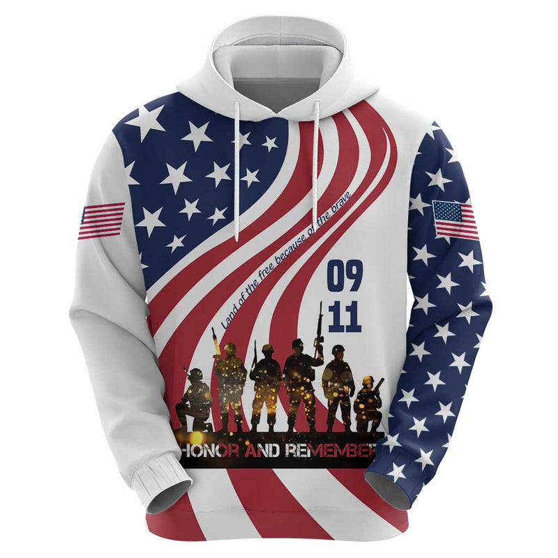 911 Memorial Hoodie Patriot Day American Flag and Soldier Silhouette Honor and Remember