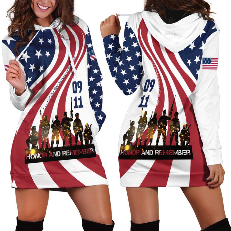 911 Memorial Patriot Day American Flag and Soldier Silhouette Honor and Remember Hoodie Dress