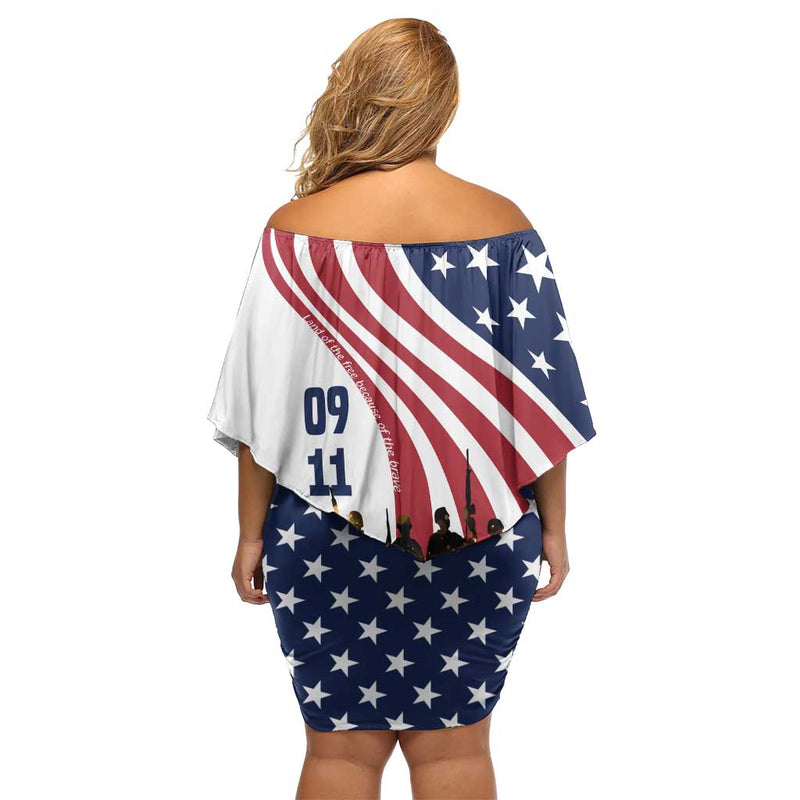 911 Memorial Patriot Day American Flag And Soldier Silhouette Honor And Remember Off Shoulder Short Dress