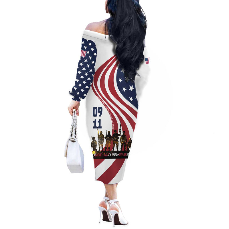 911 Memorial Patriot Day American Flag And Soldier Silhouette Honor And Remember Off The Shoulder Long Sleeve Dress