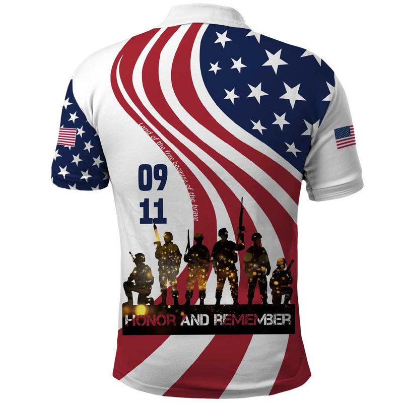 911 Memorial Patriot Day American Flag and Soldier Silhouette Honor and Remember Polo Shirt