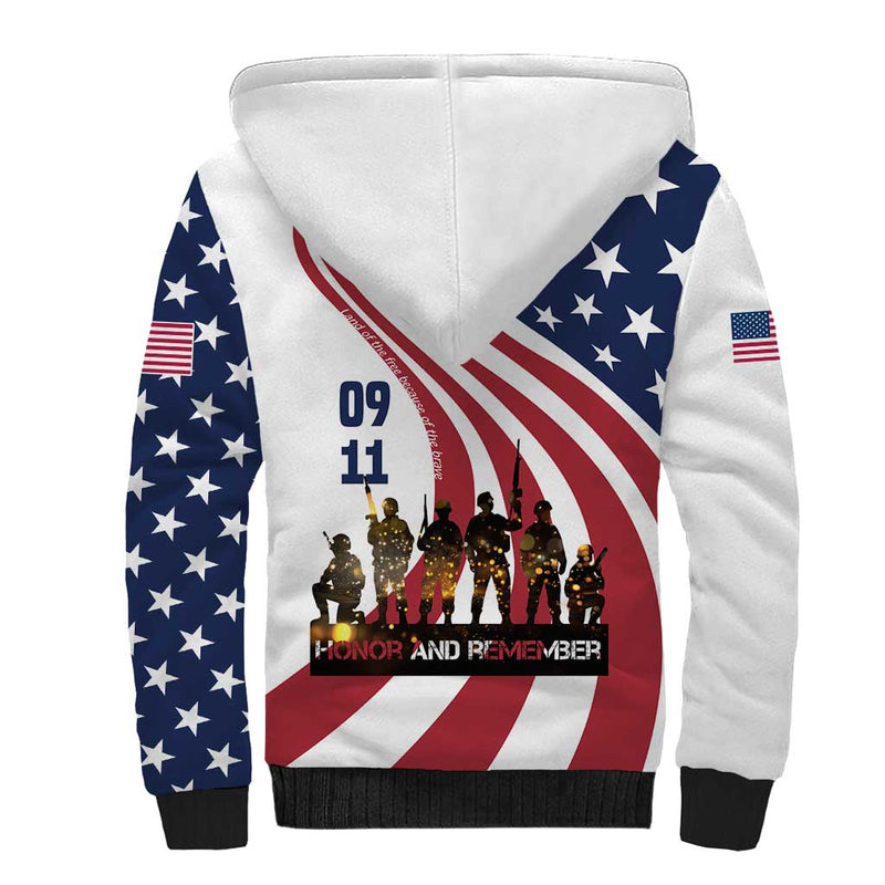 911 Memorial Sherpa Hoodie Patriot Day American Flag and Soldier Silhouette Honor and Remember