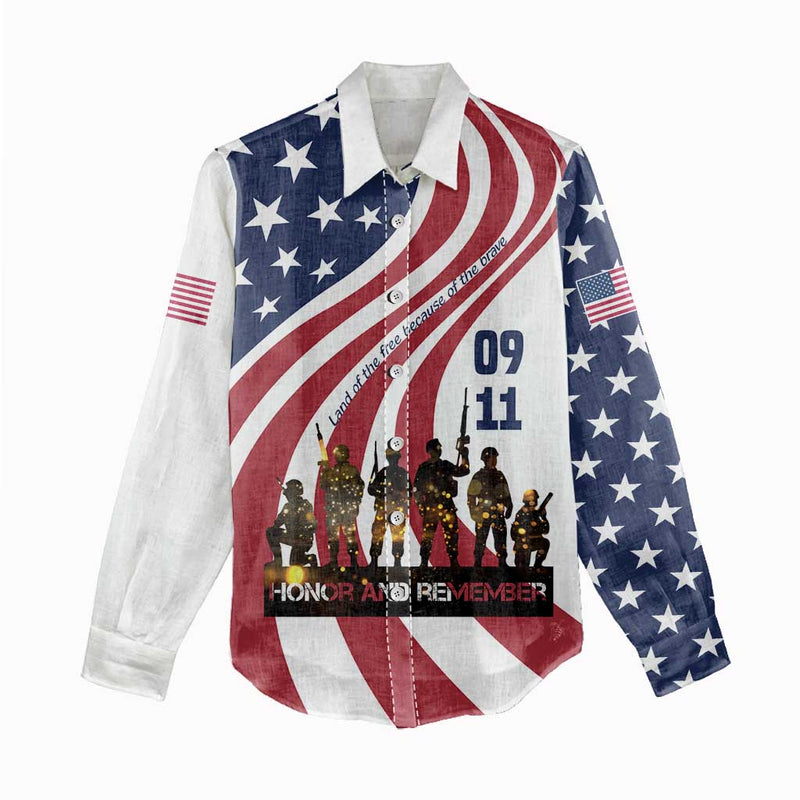 911 Memorial Women Casual Shirt Patriot Day American Flag and Soldier Silhouette Honor and Remember