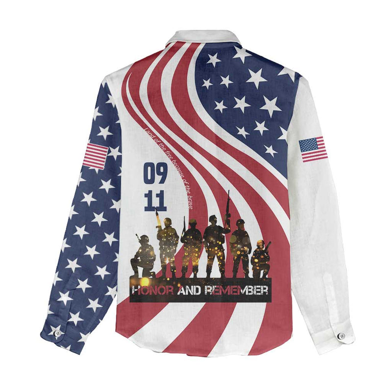 911 Memorial Women Casual Shirt Patriot Day American Flag and Soldier Silhouette Honor and Remember