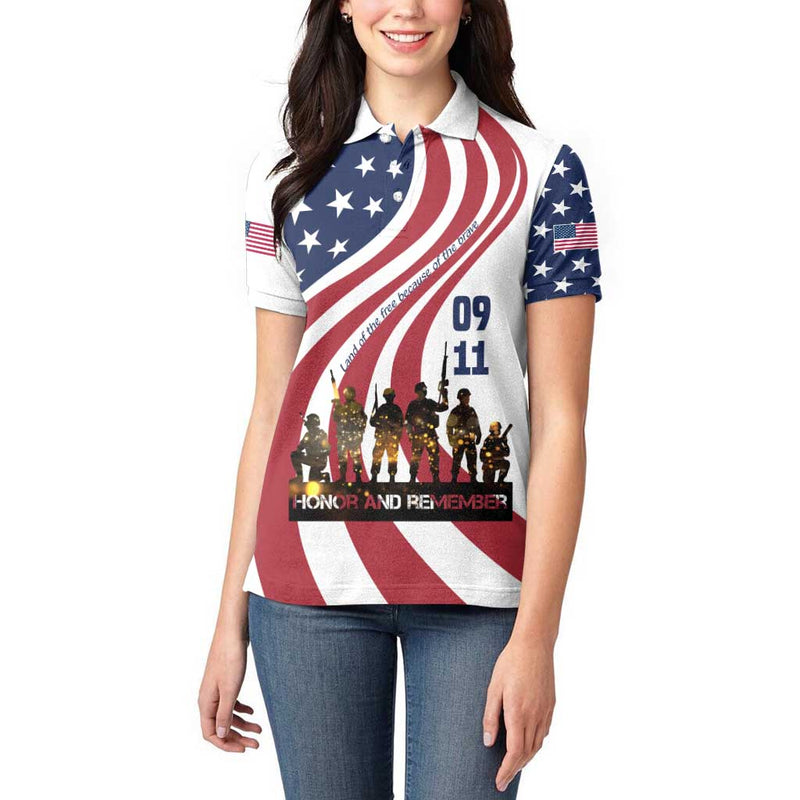 911 Memorial Patriot Day American Flag and Soldier Silhouette Honor and Remember Women Polo Shirt