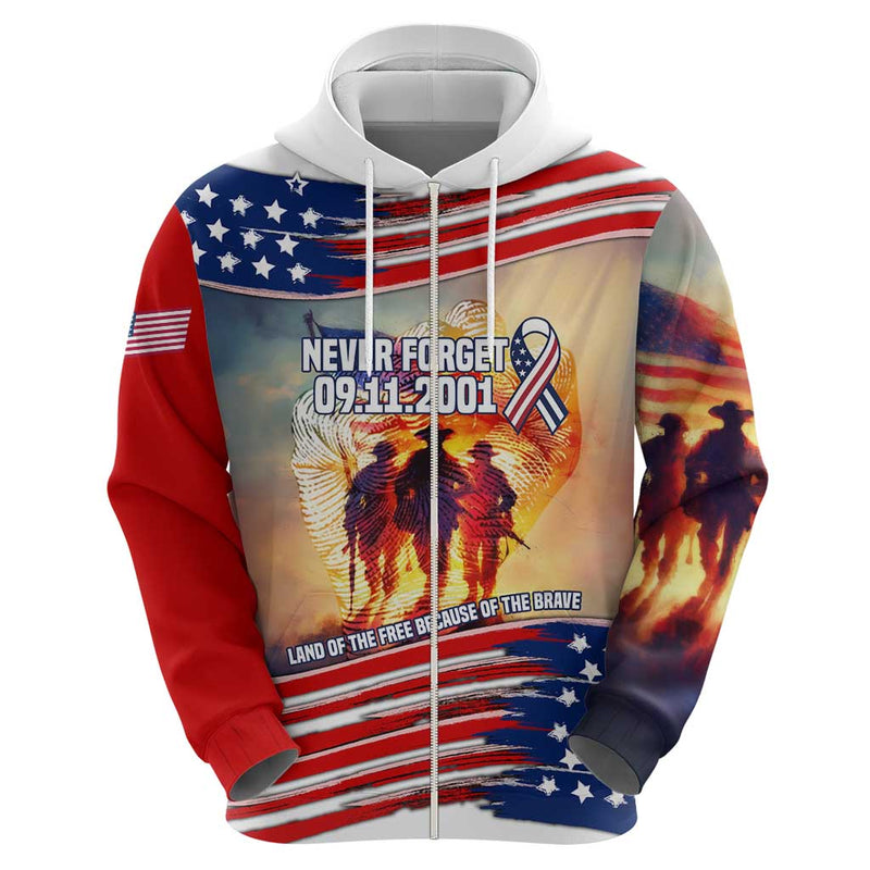 911 Memorial Patriot Day Hoodie American Flag and Soldier Tribute Never Forget