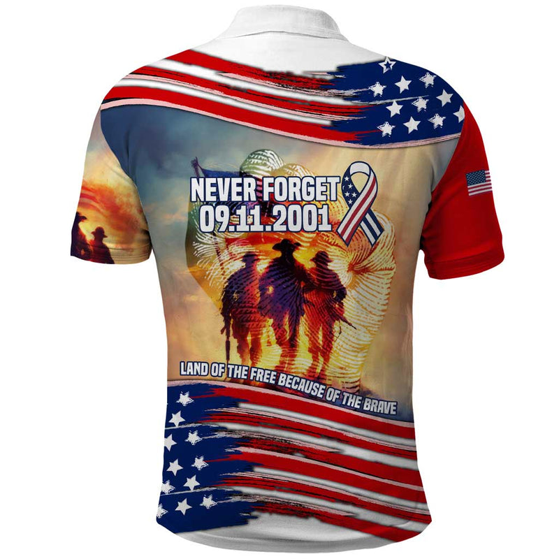 911 Memorial Patriot Day American Flag and Soldier Tribute Never Forget Polo Shirt