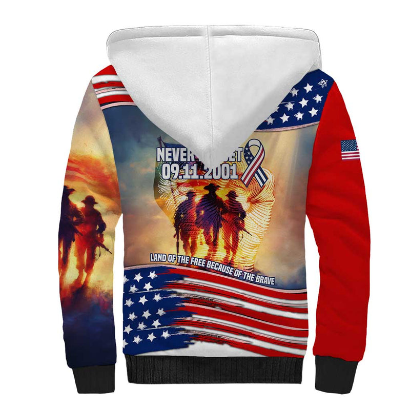 911 Memorial Patriot Day American Flag and Soldier Tribute Never Forget Sherpa Hoodie