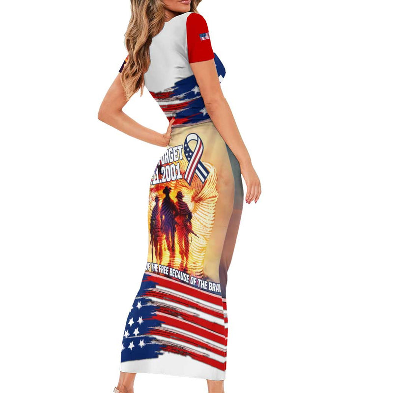 911 Memorial Patriot Day American Flag And Soldier Tribute Never Forget Short Sleeve Bodycon Dress