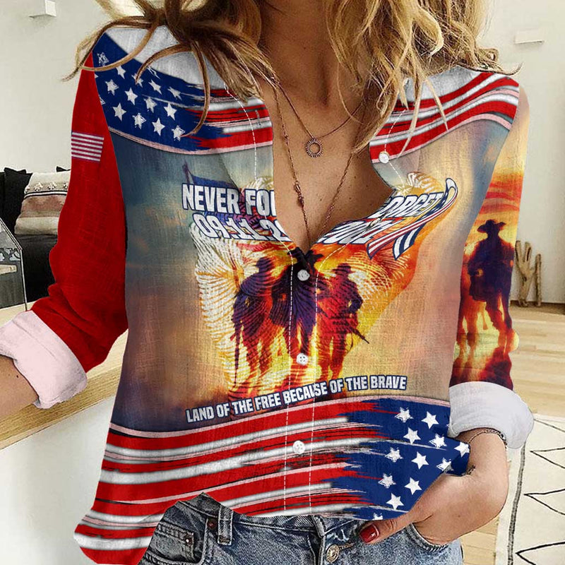 911 Memorial Patriot Day Women Casual Shirt American Flag and Soldier Tribute Never Forget