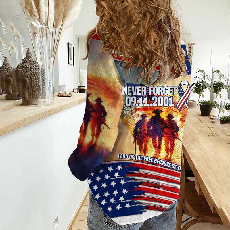 911 Memorial Patriot Day Women Casual Shirt American Flag and Soldier Tribute Never Forget