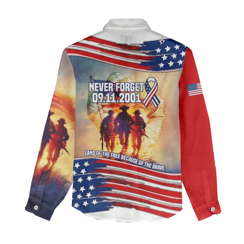 911 Memorial Patriot Day Women Casual Shirt American Flag and Soldier Tribute Never Forget