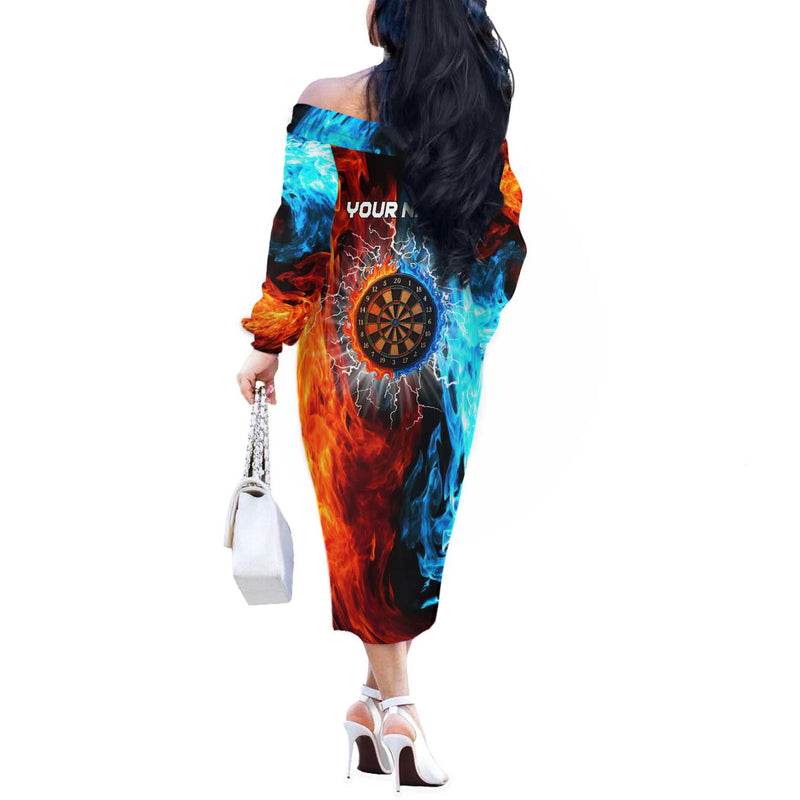 Custom Thunder Lightning Darts Dartboard Water Fire Off The Shoulder Long Sleeve Dress