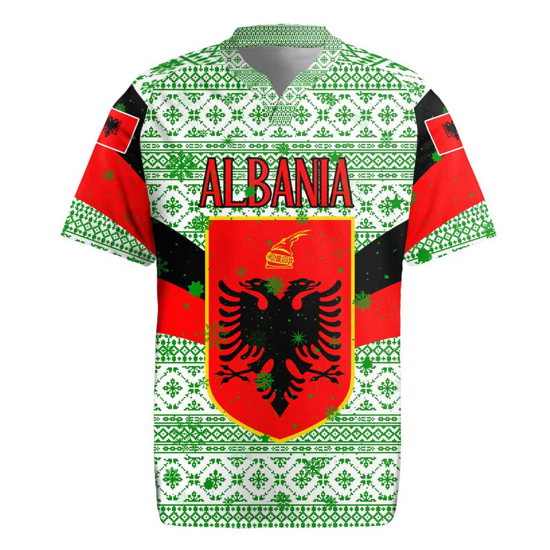 Albania Christmas With Green-red Design, Double-headed Eagle Emblem, And Santa Motif Rugby Jersey