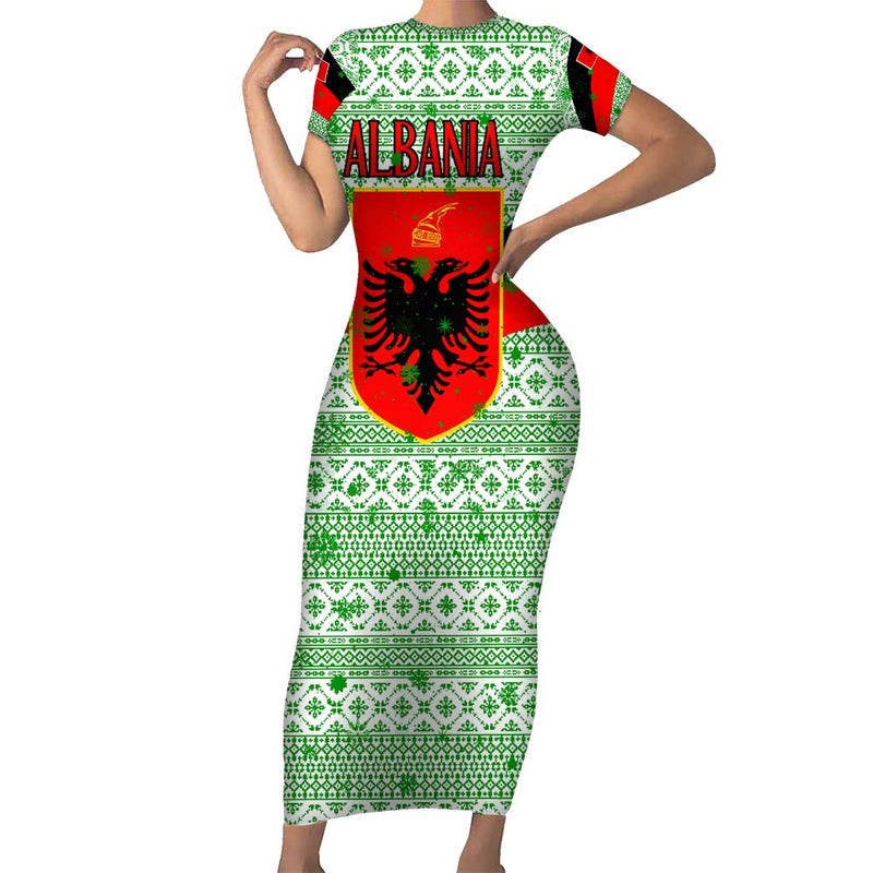 Albania Christmas With Green-red Design, Double-headed Eagle Emblem, And Santa Motif Short Sleeve Bodycon Dress