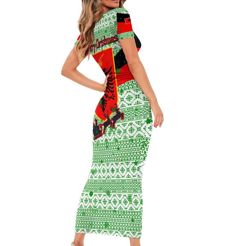 Albania Christmas With Green-red Design, Double-headed Eagle Emblem, And Santa Motif Short Sleeve Bodycon Dress