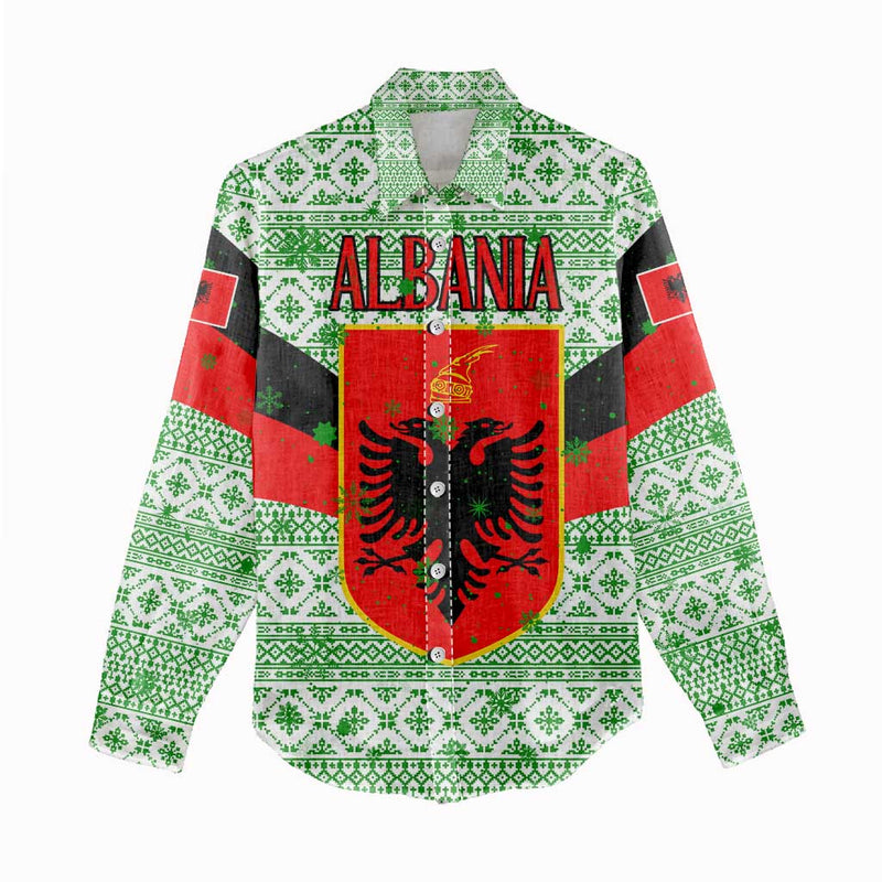 Albania Christmas With Green-red Design, Double-headed Eagle Emblem, And Santa Motif Women Casual Shirt