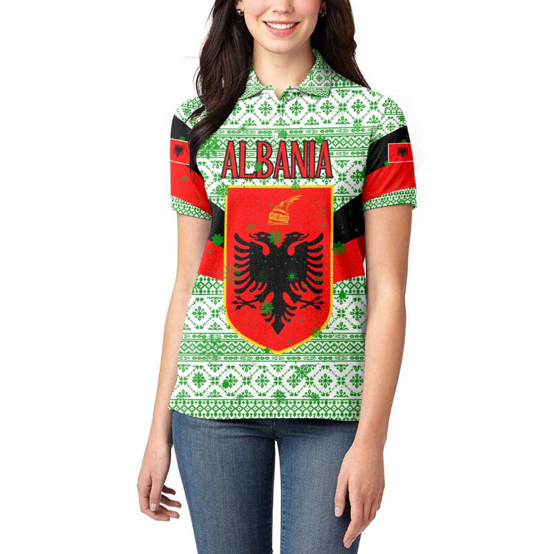 Albania Christmas With Green-red Design, Double-headed Eagle Emblem, And Santa Motif Women Polo Shirt