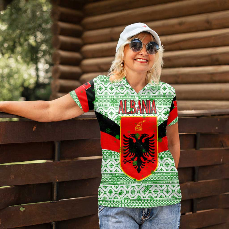 Albania Christmas With Green-red Design, Double-headed Eagle Emblem, And Santa Motif Women Polo Shirt