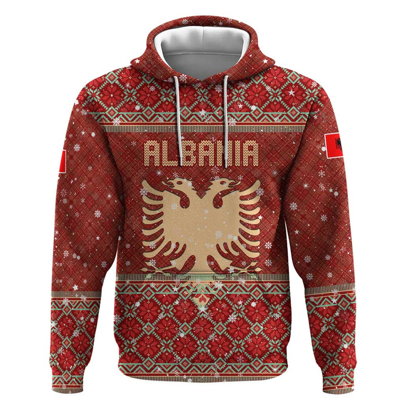 Albania Christmas With Red Geometric Design, Golden Double-headed Eagle, And Santa Motif Hoodie