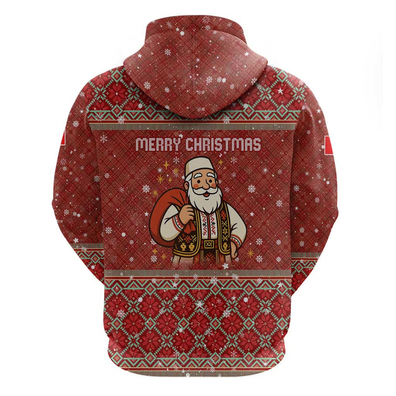 Albania Christmas With Red Geometric Design, Golden Double-headed Eagle, And Santa Motif Hoodie