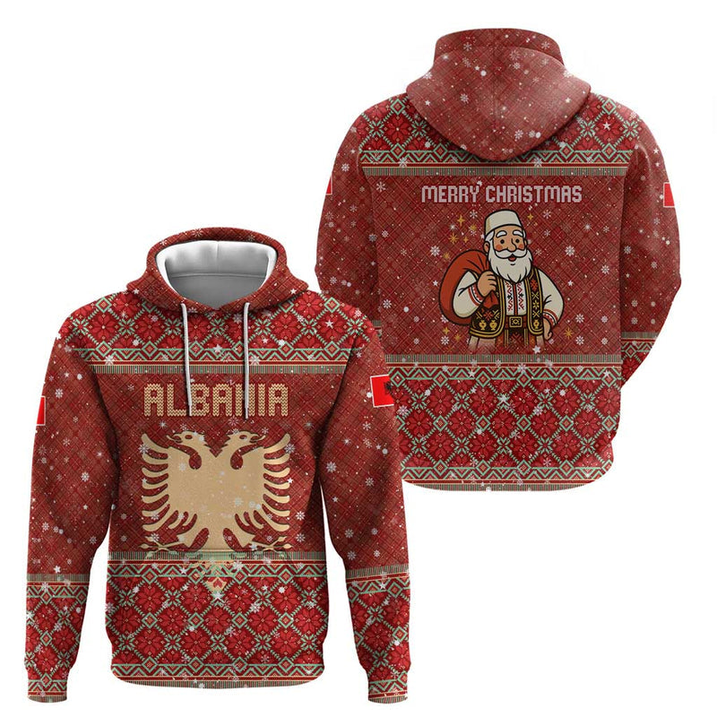 Albania Christmas With Red Geometric Design, Golden Double-headed Eagle, And Santa Motif Hoodie