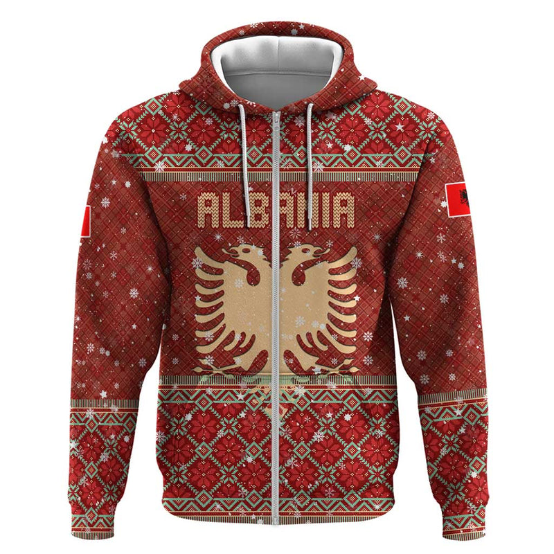 Albania Christmas With Red Geometric Design, Golden Double-headed Eagle, And Santa Motif Hoodie
