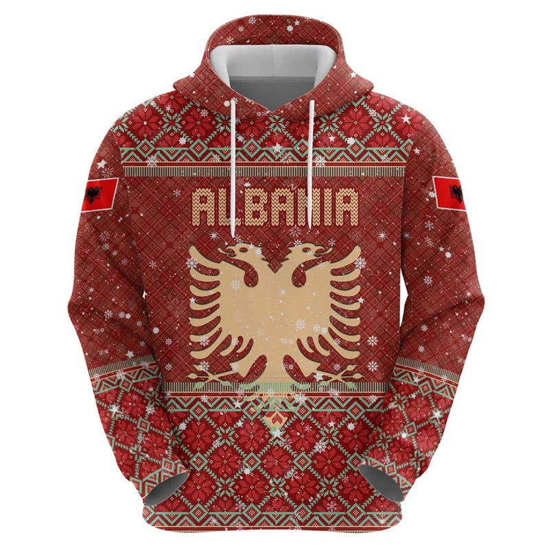 Albania Christmas With Red Geometric Design, Golden Double-headed Eagle, And Santa Motif Hoodie