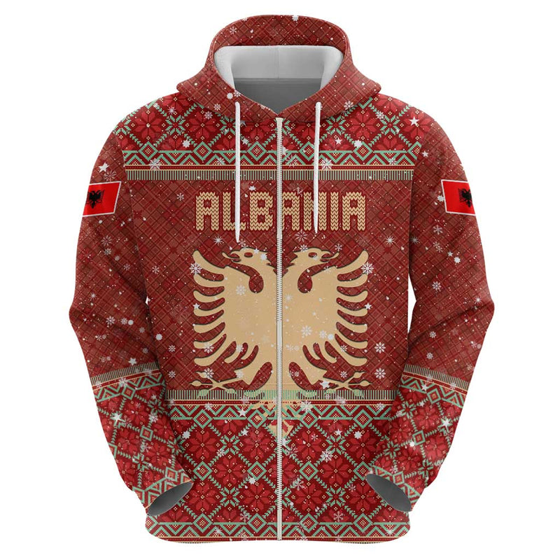 Albania Christmas With Red Geometric Design, Golden Double-headed Eagle, And Santa Motif Hoodie