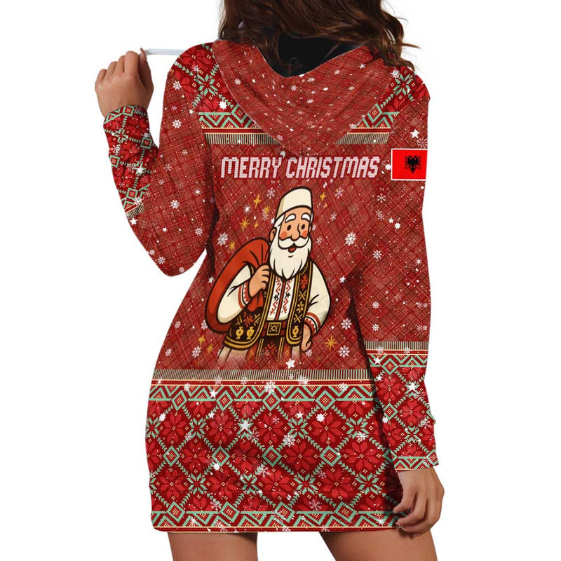 Albania Christmas With Red Geometric Design, Golden Double-headed Eagle, And Santa Motif Hoodie Dress