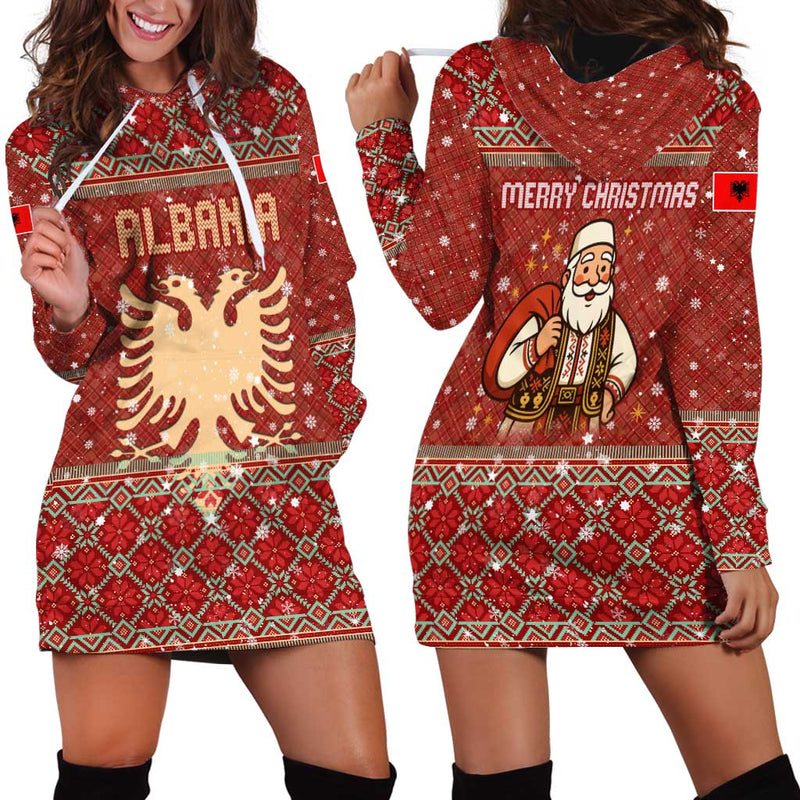 Albania Christmas With Red Geometric Design, Golden Double-headed Eagle, And Santa Motif Hoodie Dress
