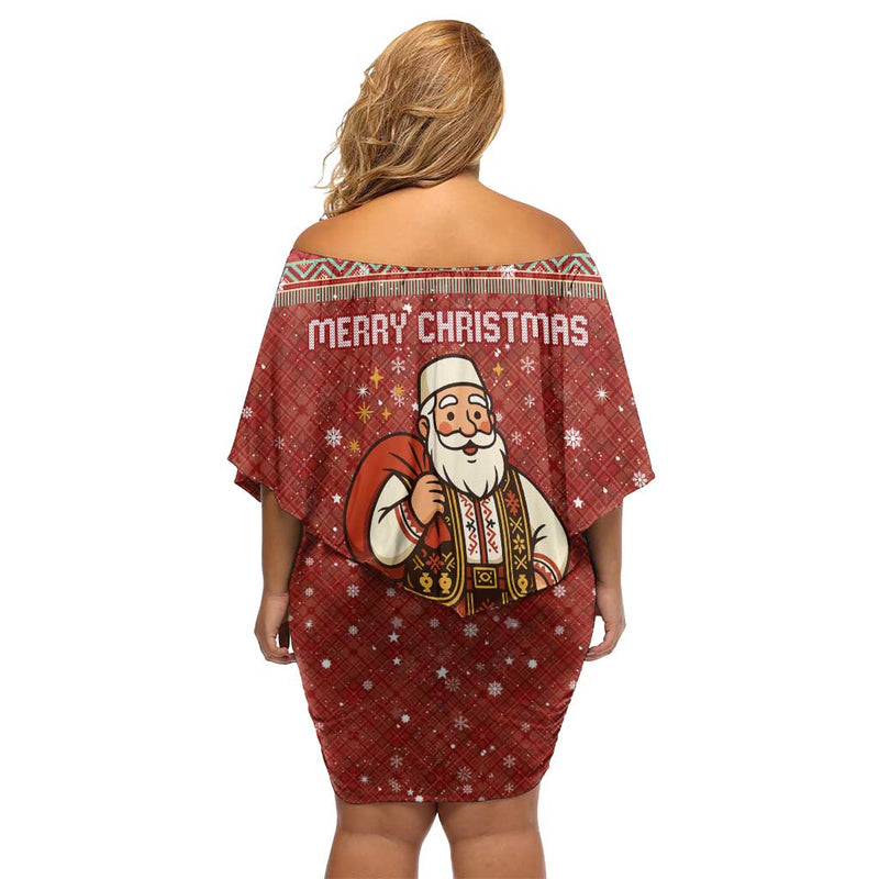 Albania Christmas With Red Geometric Design, Golden Double-headed Eagle, And Santa Motif Off Shoulder Short Dress