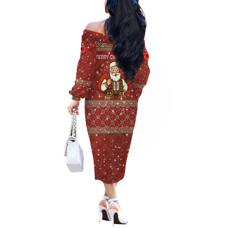 Albania Christmas With Red Geometric Design, Golden Double-headed Eagle, And Santa Motif Off The Shoulder Long Sleeve Dress