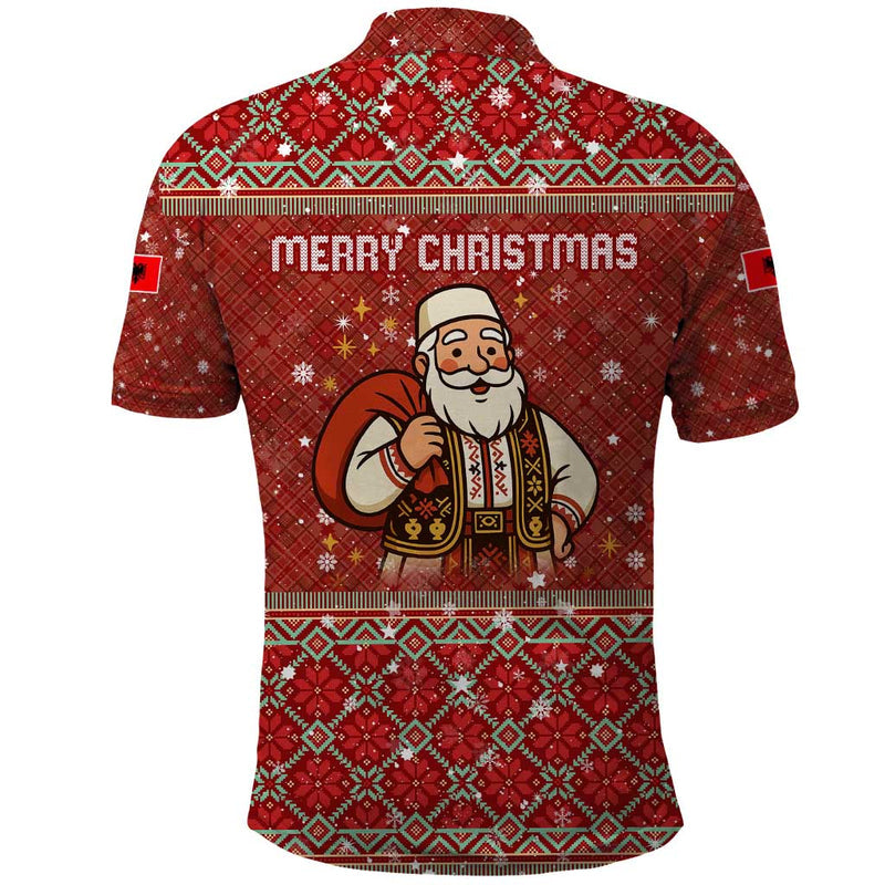 Albania Christmas With Red Geometric Design, Golden Double-headed Eagle, And Santa Motif Polo Shirt
