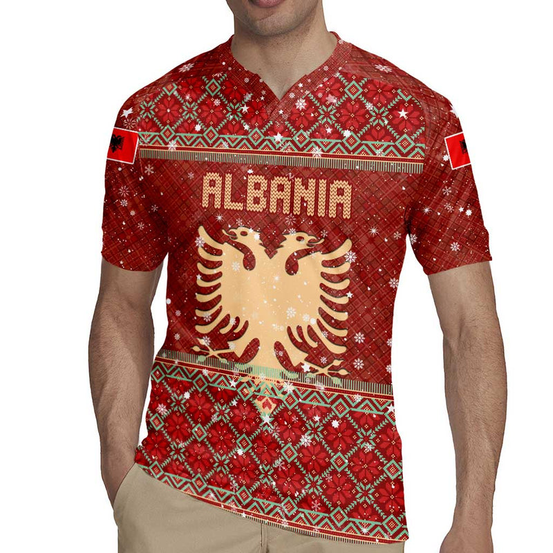 Albania Christmas With Red Geometric Design, Golden Double-headed Eagle, And Santa Motif Rugby Jersey