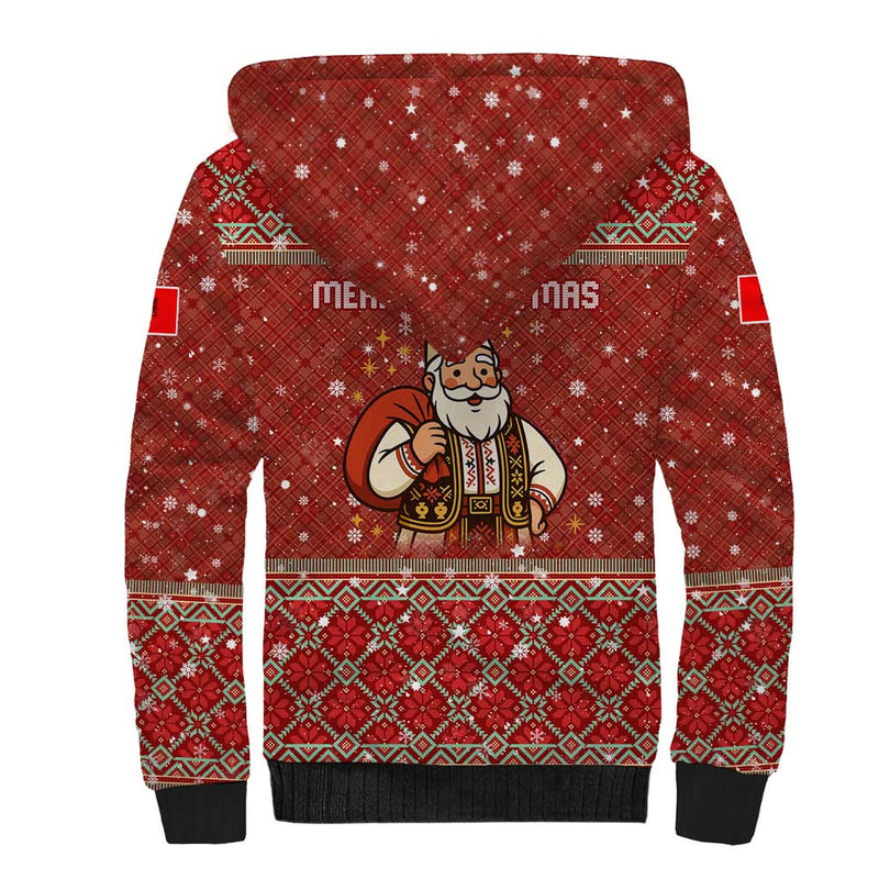 Albania Christmas With Red Geometric Design, Golden Double-headed Eagle, And Santa Motif Sherpa Hoodie