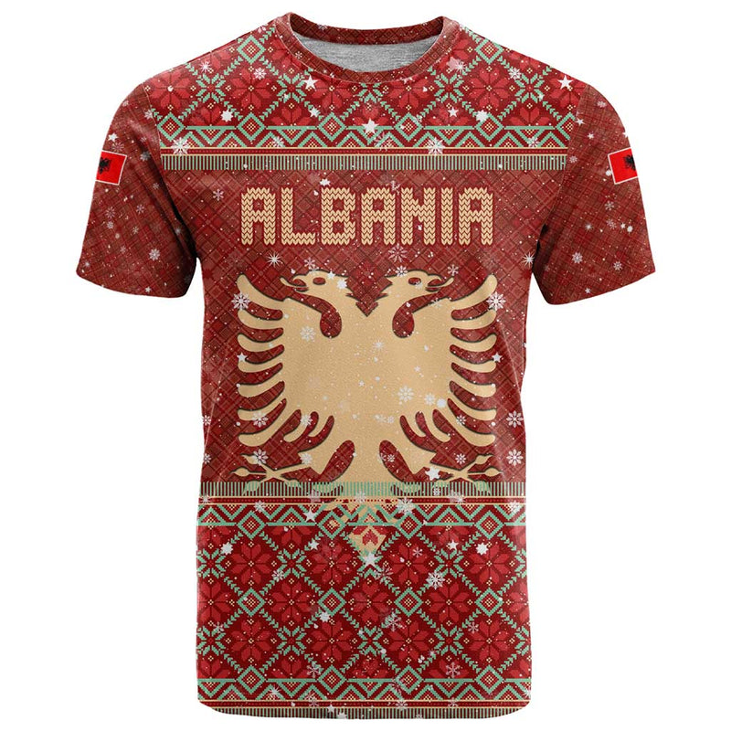 Albania Christmas With Red Geometric Design, Golden Double-headed Eagle, And Santa Motif T Shirt