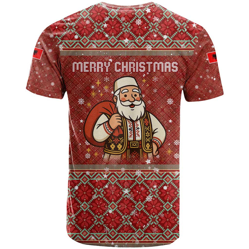 Albania Christmas With Red Geometric Design, Golden Double-headed Eagle, And Santa Motif T Shirt