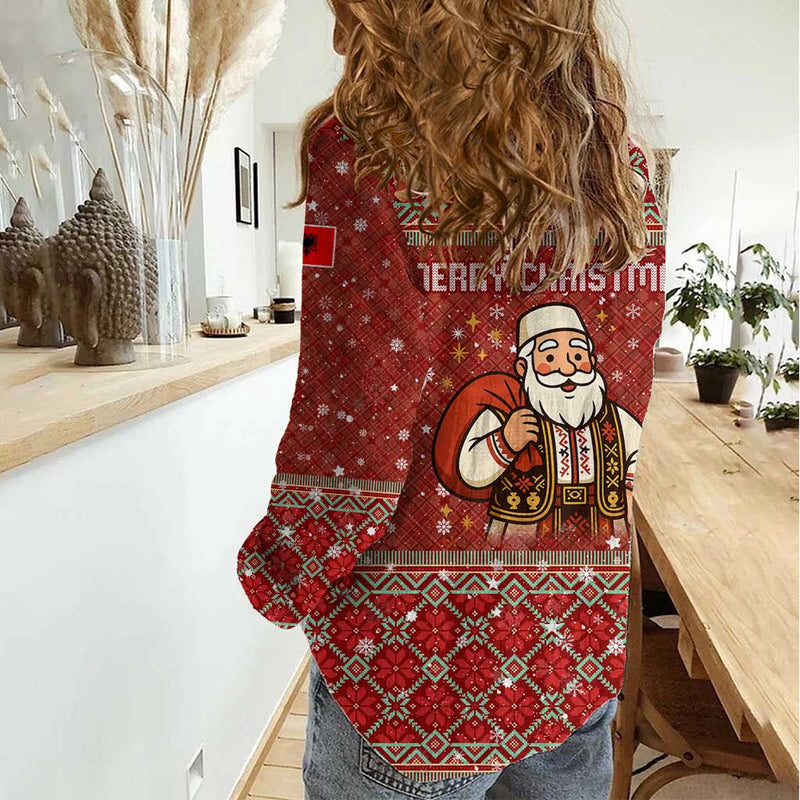 Albania Christmas With Red Geometric Design, Golden Double-headed Eagle, And Santa Motif Women Casual Shirt