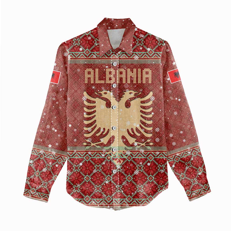 Albania Christmas With Red Geometric Design, Golden Double-headed Eagle, And Santa Motif Women Casual Shirt