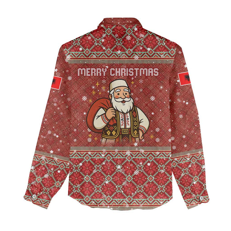 Albania Christmas With Red Geometric Design, Golden Double-headed Eagle, And Santa Motif Women Casual Shirt