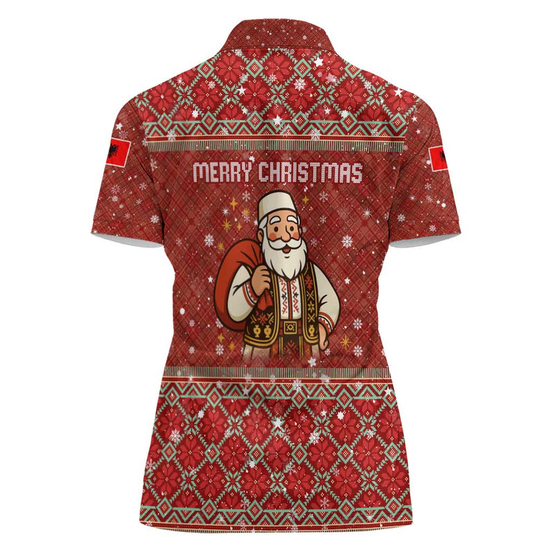 Albania Christmas With Red Geometric Design, Golden Double-headed Eagle, And Santa Motif Women Polo Shirt
