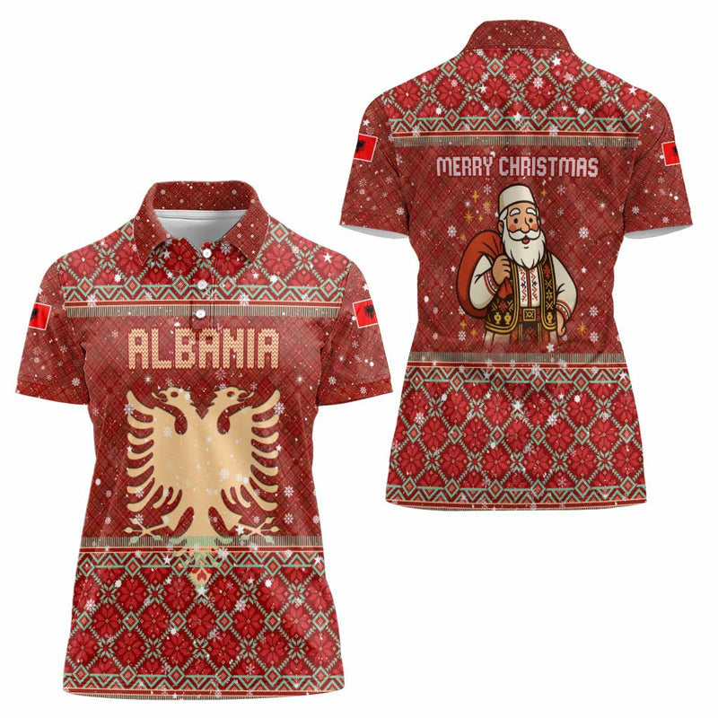 Albania Christmas With Red Geometric Design, Golden Double-headed Eagle, And Santa Motif Women Polo Shirt