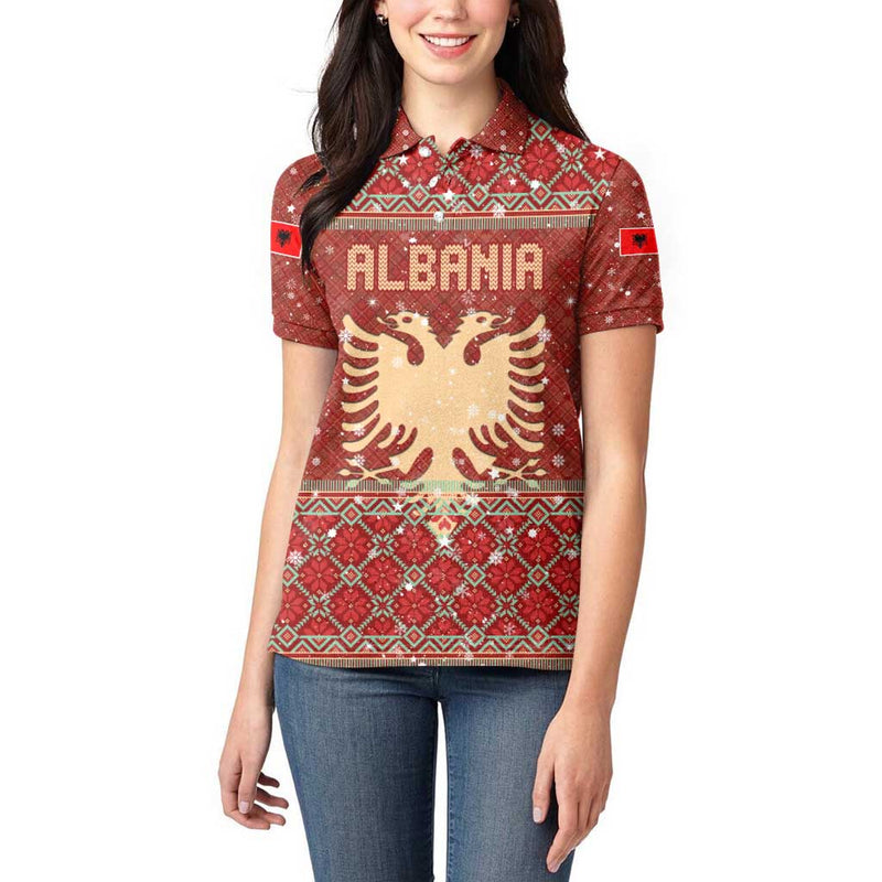 Albania Christmas With Red Geometric Design, Golden Double-headed Eagle, And Santa Motif Women Polo Shirt
