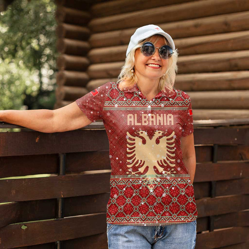 Albania Christmas With Red Geometric Design, Golden Double-headed Eagle, And Santa Motif Women Polo Shirt