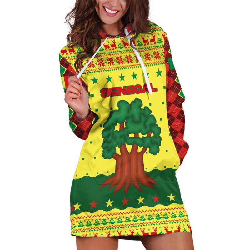 Senegal Christmas With Yellow-green-red Design, Baobab Tree, And National Coat Of Arms Motif Hoodie Dress
