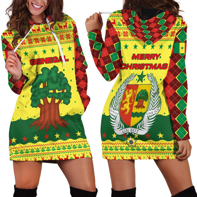 Senegal Christmas With Yellow-green-red Design, Baobab Tree, And National Coat Of Arms Motif Hoodie Dress