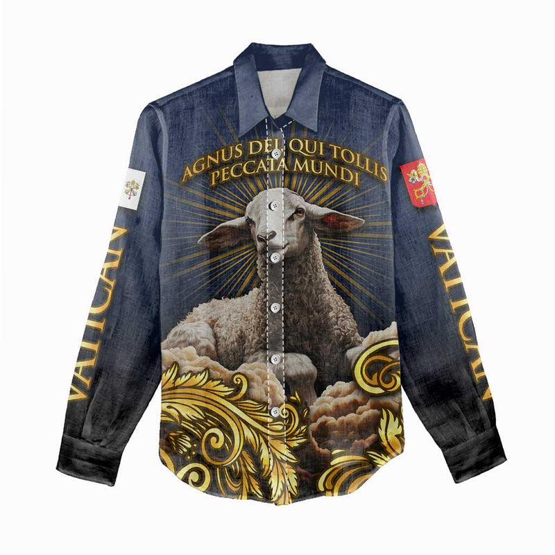 Agnus Dei Lamb of God Latin Catholic Art with Gold Baroque Accents Women Casual Shirt