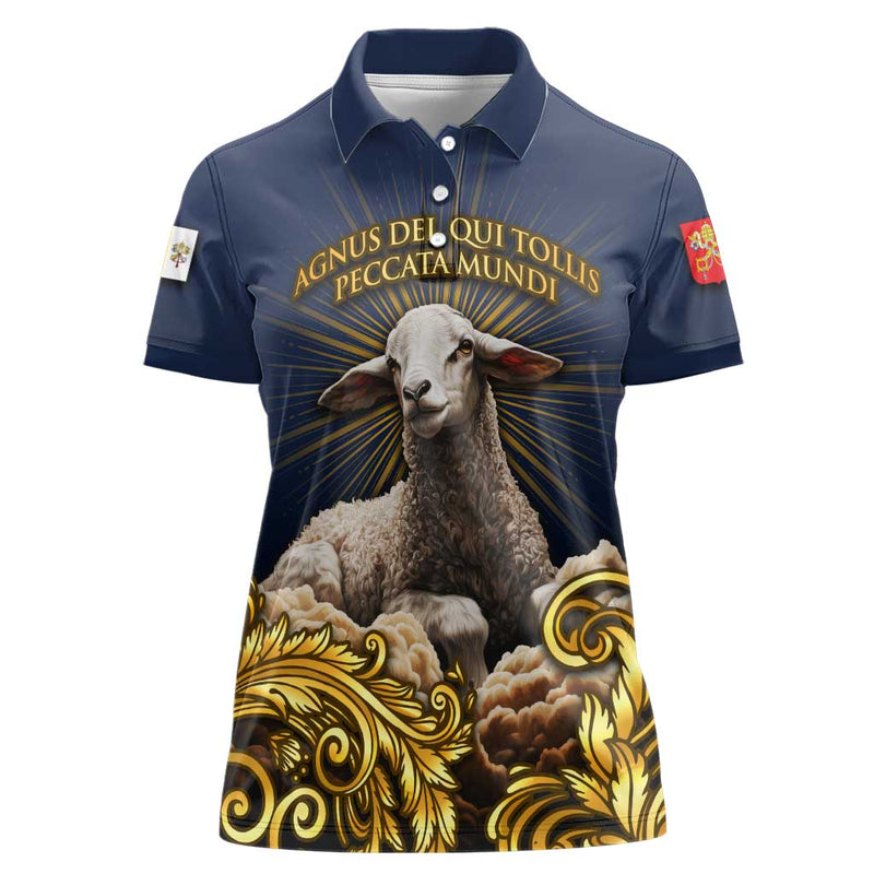 Agnus Dei Lamb of God Latin Catholic Art with Gold Baroque Accents Women Polo Shirt
